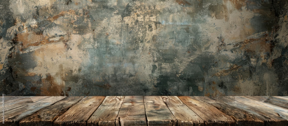 Poster Product display template featuring a weathered table top set against a rustic wooden background ideal for showcasing items with copy space image