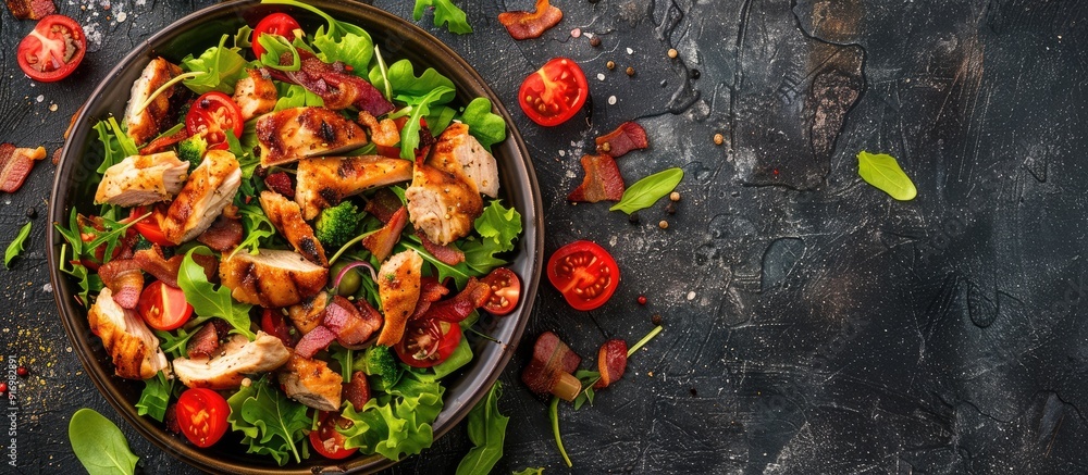 Poster Top down view of a rustic vegetable salad with chicken and bacon featuring a free area for text suitable as a copy space image