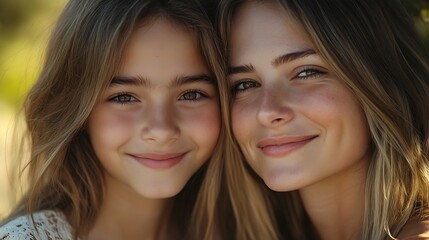 Obraz premium Portrait happy smiling mother and teenage daughter with long hair : Generative AI