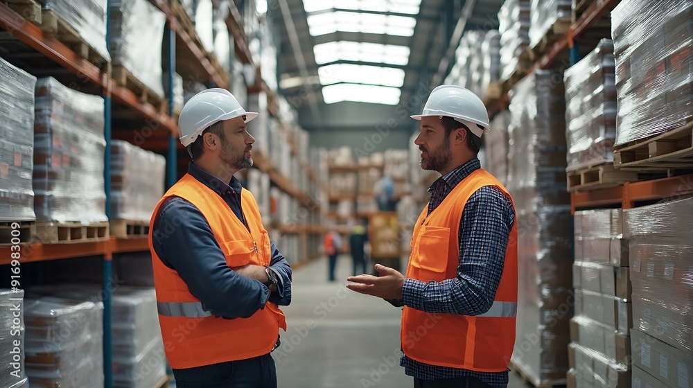 Aufkleber chief engineer wearing orange safety vest communicating with male engineer staff to assign and contr