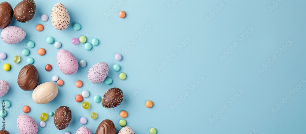 Poster easter theme with candies like chocolate eggs and jellybeans on a pastel blue background in a minima
