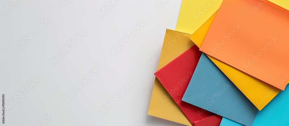 Poster minimalistic flat lay featuring colorful reminder papers on white textured background with copy spac