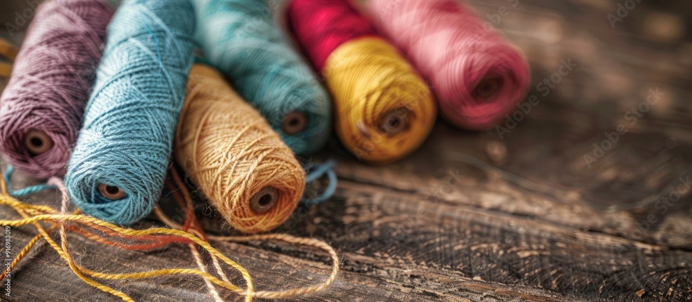 Poster Copy space image of knitting threads scattered on a table perfect for adding text Sewing materials present