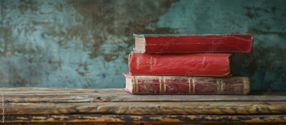 Poster education concept depicted with an antique red book set on a wooden table with copy space image
