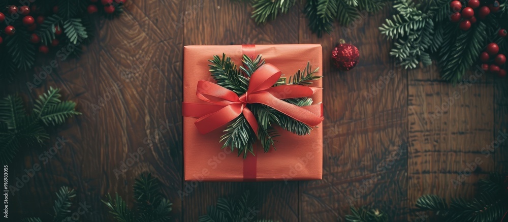 Aufkleber A holiday gift wrapped in festive paper and ribbon placed on a table for display with a top view to show a copy space image