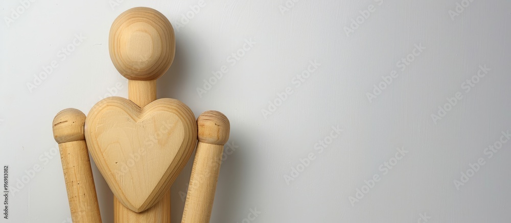 Poster wooden mannequin in the shape of a heart on a white background ideal for valentine s day with a copy