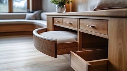 Home hall with custommade furniture with open drawers and bench with semicircular edge : Generative AI