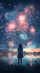 Fototapeta premium Young Anime Girl Enchanted by Nighttime Firework Display