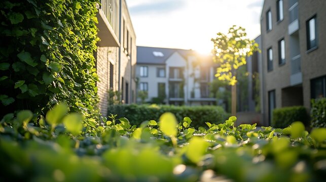 Green building stands out among the houses Renovation and environmental improvement of old buildings Net Zero Carbon neutrality Environmentally friendly energy efficient and zero emiss : Generative AI
