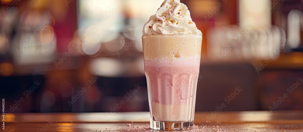 Poster a glass with a milkshake topped with whipped cream designed to leave space for an image. creative ba