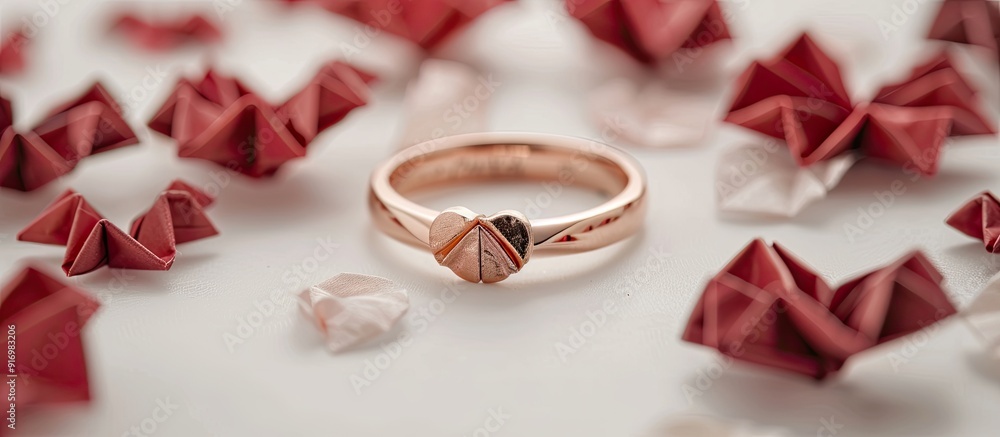 Poster a wedding ring adorned with origami hearts on a white background with space for additional images to