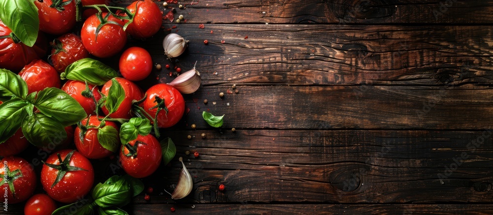 Poster italian cuisine ingredients like tomato basil and garlic on a dark wooden table top view with a spac