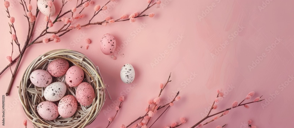 Poster easter holiday card featuring a basket of eggs on a pink background adorned with pussy willow twigs 