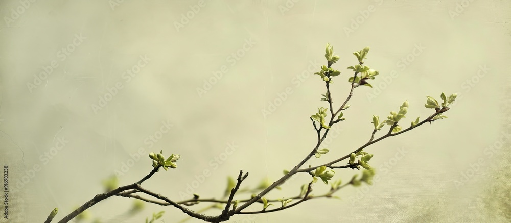 Fototapete Image of a tree branch in spring with fresh green buds against a simple background with ample copy space rendered in a warm and vintage style with a hint of film grain