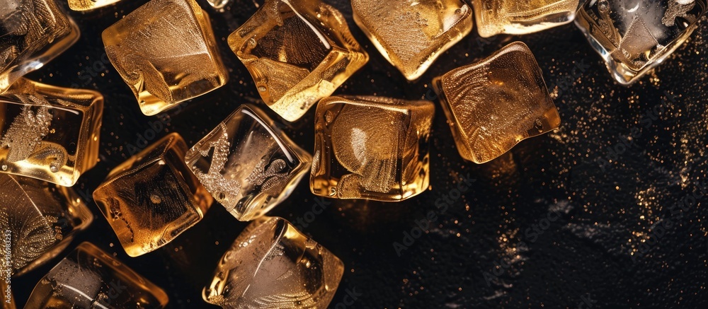 Poster Golden ice cubes displayed on a black backdrop with ample copy space image