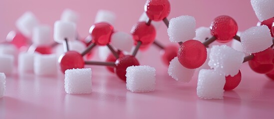 Plastic model molecule and sugar cubes used to convey diabetes awareness and chemical structure concept in a copy space image