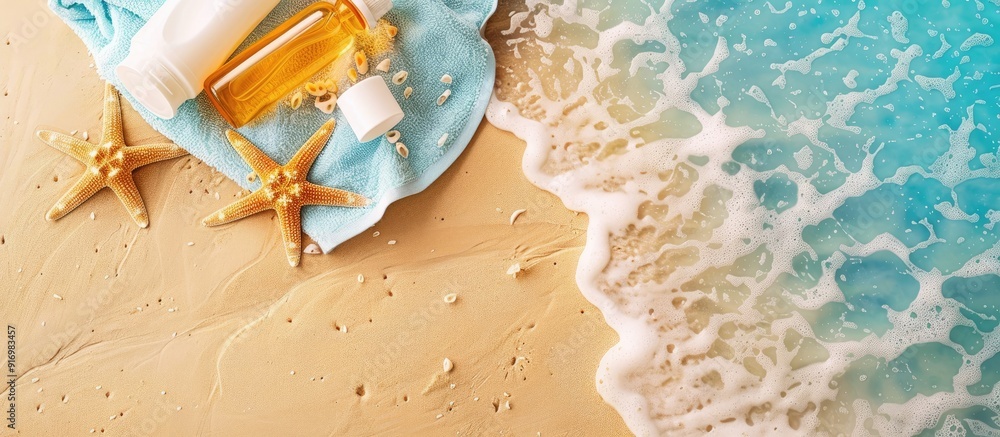 Aufkleber sun protection care with a beach setting of sunscreen starfish and a bag with room for a copy space 