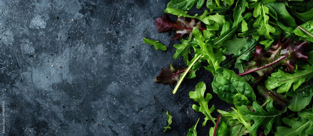 Poster top view of a fresh oak leaf salad on a dark background with copy space image available