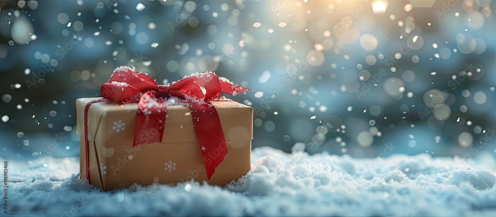 Poster Winter themed greeting card with a festive ribbon tied gift on a snowy backdrop with a blurry bokeh effect ideal for adding text. Creative banner. Copyspace image