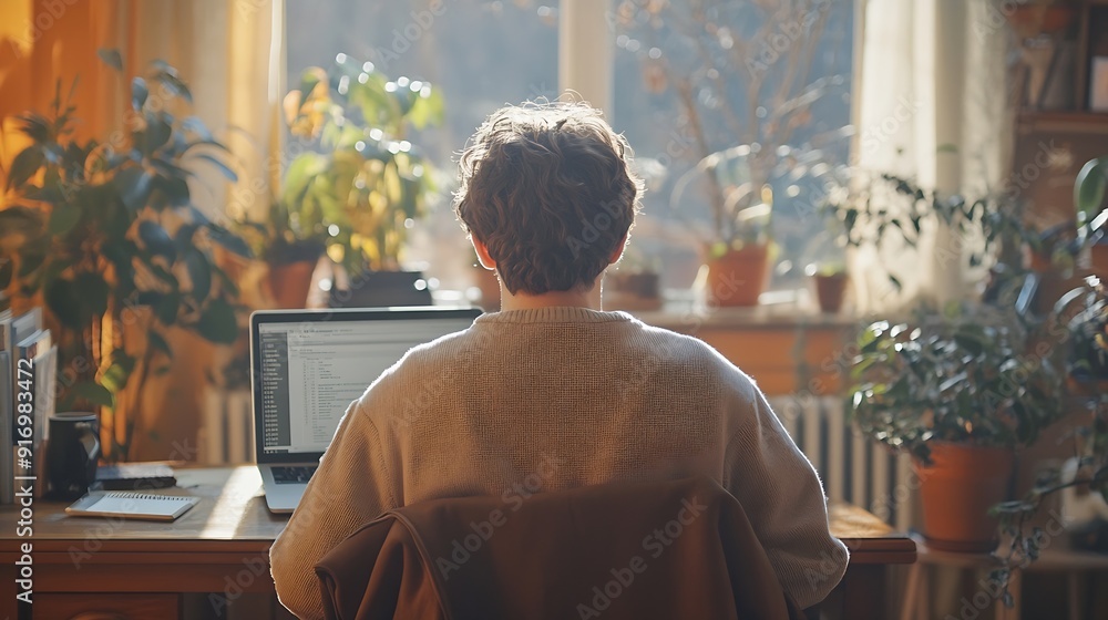 Poster Rear view of young man using laptop computer checking email in morning at home : Generative AI