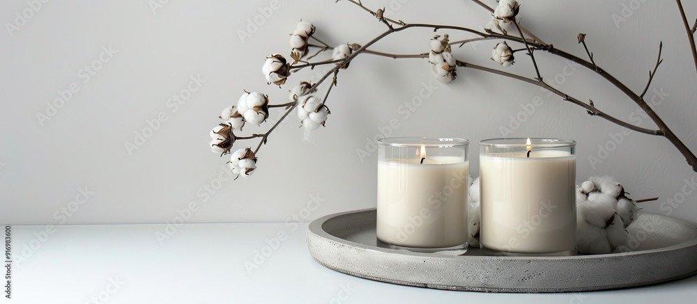 Poster minimalistic presentation with a concrete tray holding white candles in glass jars paired with delic