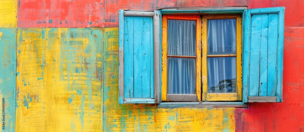 Poster wooden window display on wall with vibrant colors and copy space image