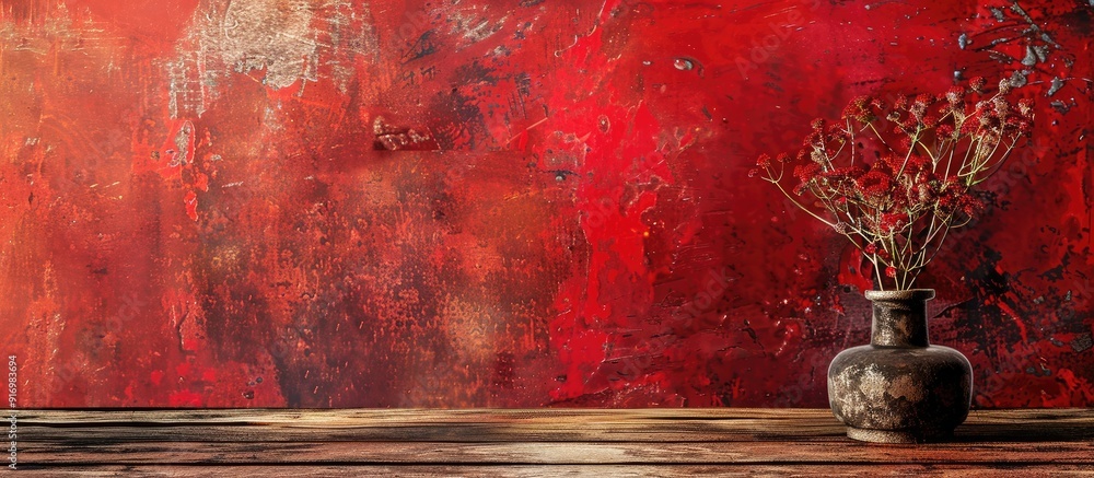 Fototapete A rustic table is set against a textured red wall with abstract patterns forming a striking backdrop with copy space image