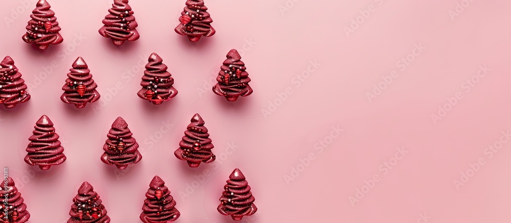 Poster festive red christmas tree shaped toys on a pink background with flatly designed copy space image pe