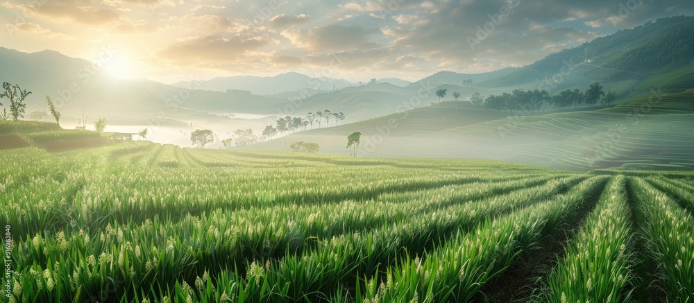 Poster A picturesque green onion farm with ample empty space for text or graphics on the picture