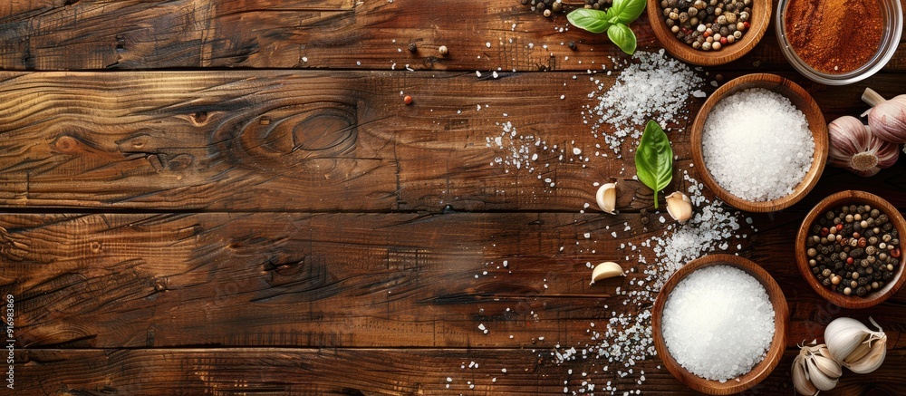 Aufkleber wooden cooking table with salt and pepper for meat preparation viewed from above with an empty area 