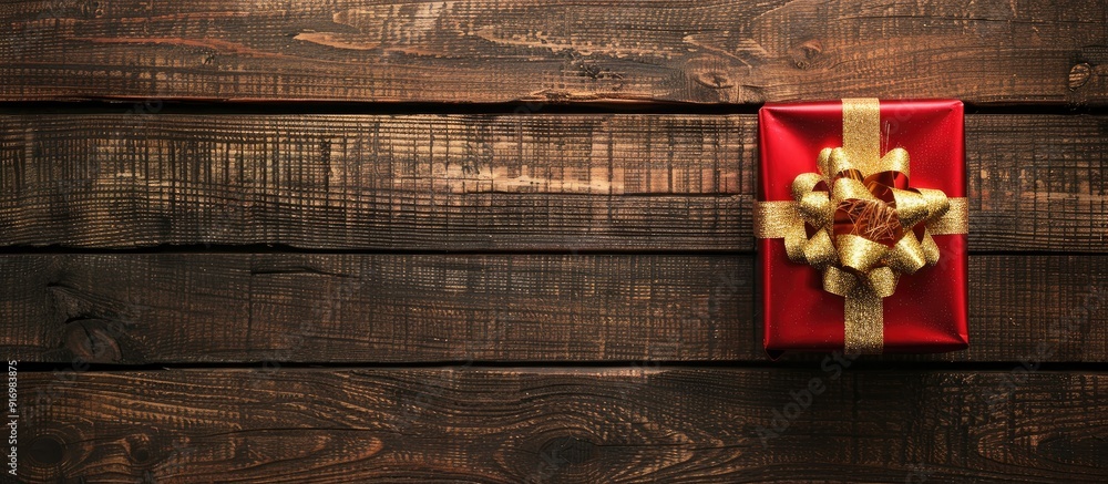 Poster a top view of a red gift box with a gold bow on a wooden table perfect for christmas and new year s 