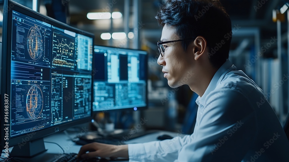 Poster Professional engineering Industry 40 Modern Factory Project Engineer Operator who Controls Facility Production Line Uses Computer with Screens Showing AI Machine Learning Enhanced Asse : Generative AI