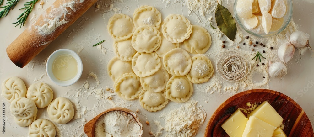 Aufkleber Top view of ingredients for making pelmeni ravioli and dumplings including dough rosemary a rolling pin canvas thread butter and a bay leaf on a light background with a toned effect allowing for copy