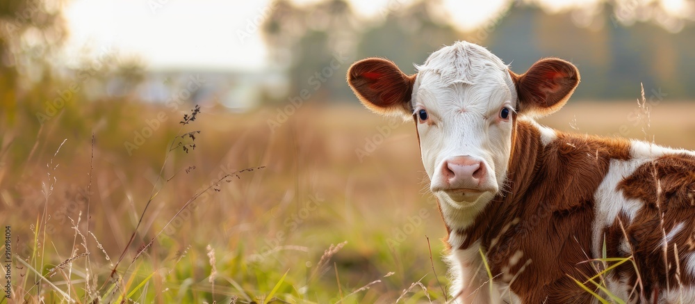 Poster hereford calf brown and white sporting a plastic weaning noseplate in a field with a copy space imag