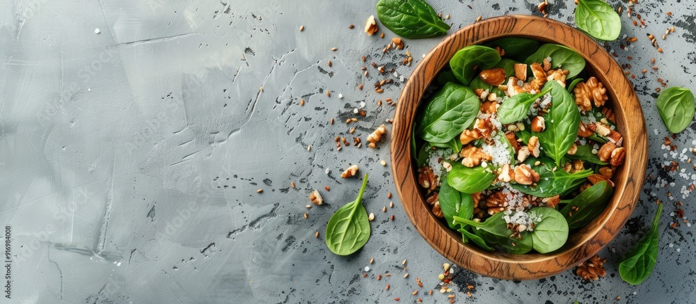 Poster a wooden bowl filled with fresh spinach leaves sea salt and a mixture of seeds and nuts forming a wh