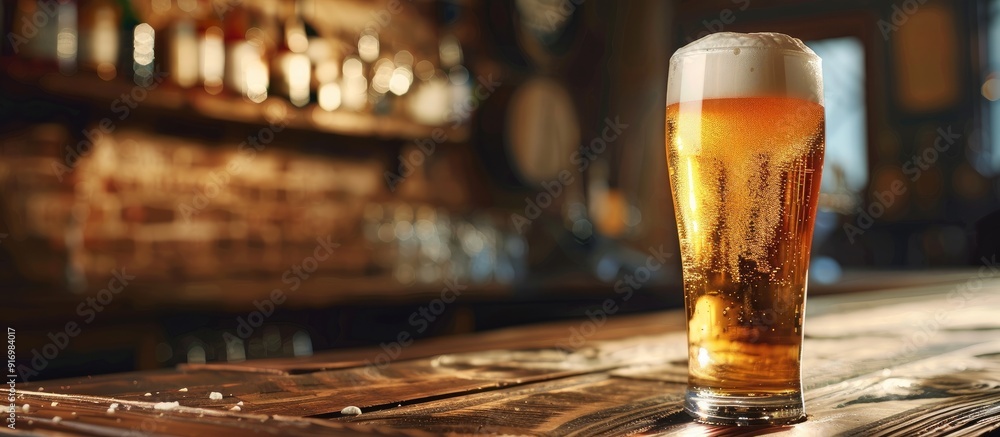 Poster fresh beer in a glass on a table at a pub with copy space image