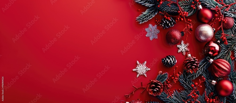 Poster Red background with copy space image for Christmas card or banner flat lay