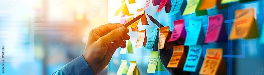 Poster hand adding sticky note to a wall of notes.