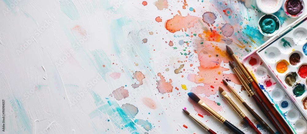Poster art supplies like watercolor paints and brushes on a table with room for text creative flat lay imag