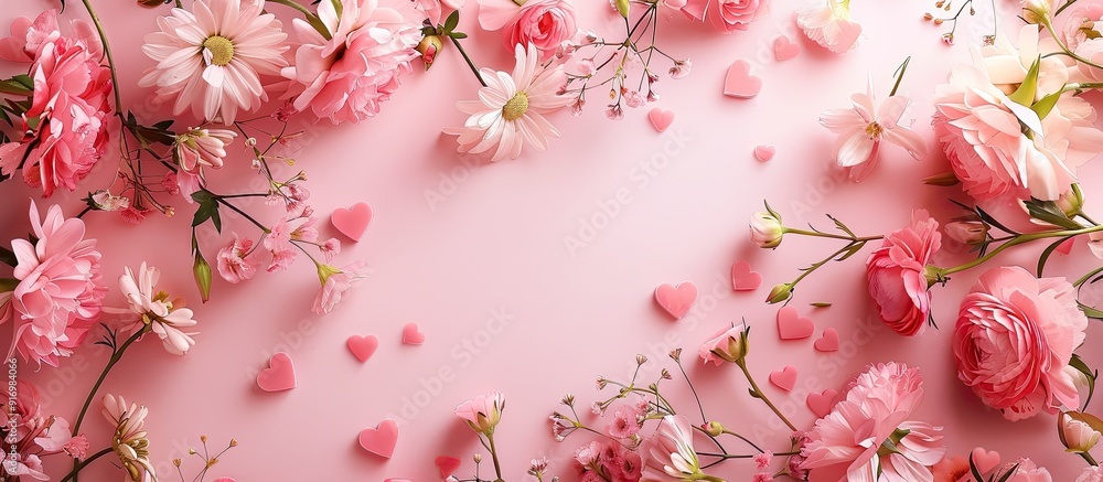 Aufkleber a floral arrangement featuring pink flowers and hearts on a pink backdrop designed for a flat lay vi