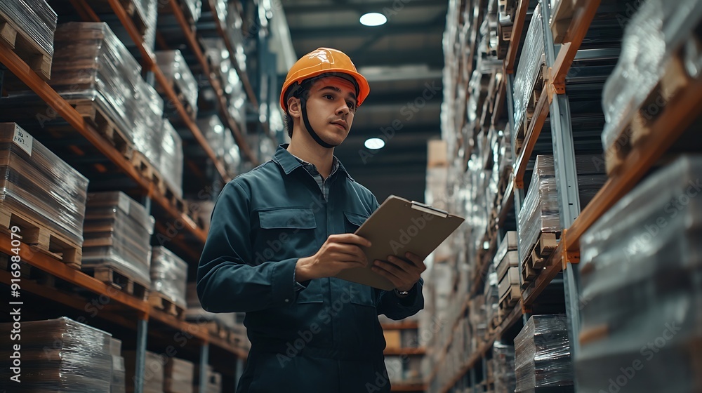 Aufkleber portrait of man warehouse worker wearing uniform and helmet safety standing with clipboard for check