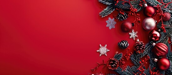 Red background with copy space image for Christmas card or banner flat lay