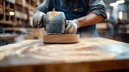 A male carpenter sands wooden furniture facades with a sanding machine at a furniture production factory wood processing concept : Generative AI