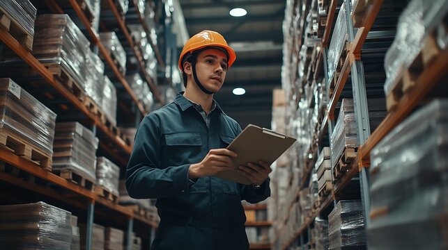 Portrait of man warehouse worker wearing uniform and helmet safety standing with clipboard for checking stock products on shelves in warehouse factory store Logistics Distribution Cent : Generative AI