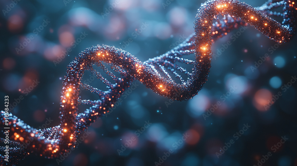 Poster the blueprint of life: a mesmerizing 3d render of a dna strand, ablaze with fiery energy, symbolizin