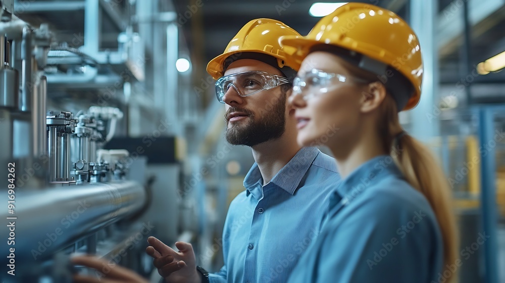 Poster female engineer and male production manager standing in modern industrial factory talking about prod