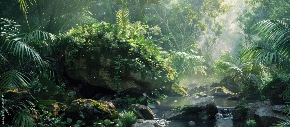 Poster A picturesque rock surrounded by lush greenery near a flowing stream in the forest with a blank space for inserting an image. Creative banner. Copyspace image