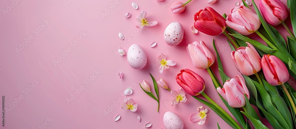 Poster pink tulips and easter eggs viewed from the top on pink background with copy space image available