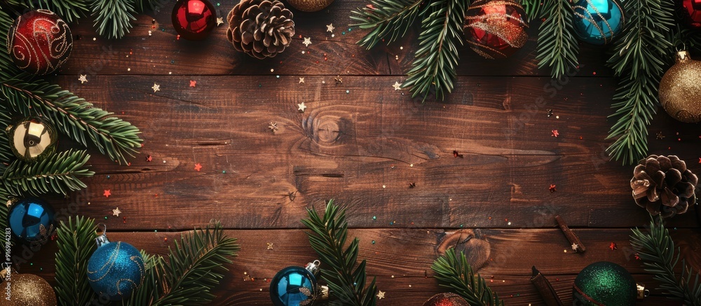 Fototapete festive backdrop with a christmas theme featuring pine branches vibrant glass ornaments on a wooden 