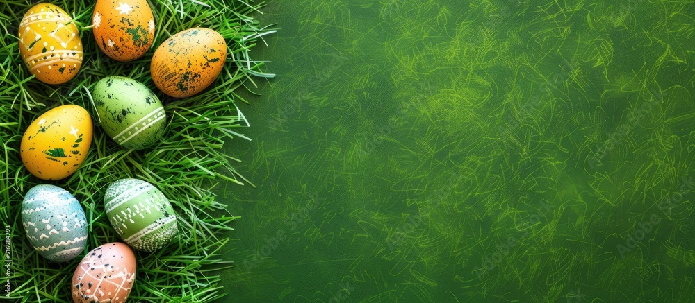 Poster easter eggs arranged on green grass with copy space image